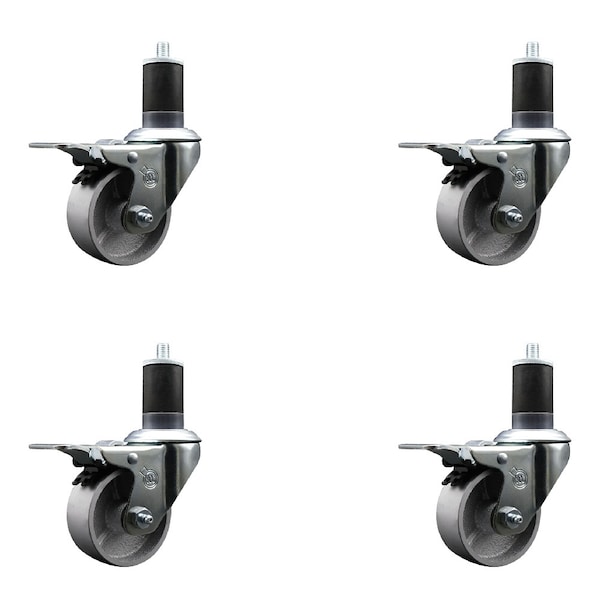 3'' Semi Steel Swivel 1-5/8'' Expanding Stem Caster Set Total Lock Brake, 4PK